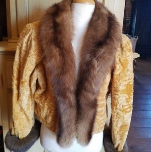 Gold Persian Lamb cropped jacket w/ real fox trim